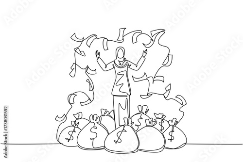 Continuous one line drawing Arab woman standing on a pile of money bags while throwing banknotes. An investment that never loses. Be a Millionaire Day. Single line draw design vector illustration