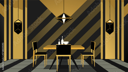 A gl dining room with a black and gold geometric wallpaper a black lacquered table and gold and black striped chairs.
