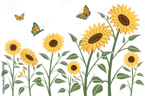 Yellow sunflowers with orange and teal butterflies