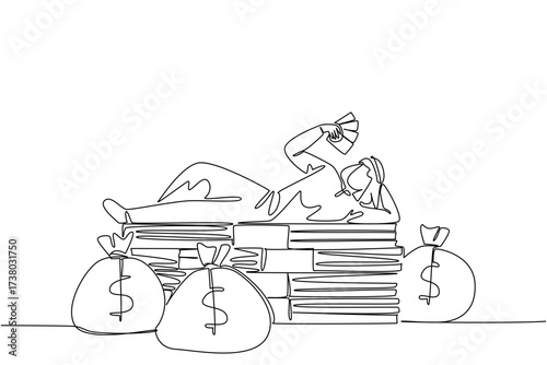 Single continuous line drawing Arab man lying on a pile of banknotes and fanning himself with the banknotes. Financial freedom. Big profit. Be a Millionaire Day. One line design vector illustration