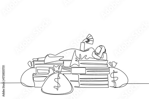 Single one line drawing Arab woman lying on a pile of banknotes and fanning herself with the banknotes. Amazing results. Freedom. Be a Millionaire Day. Continuous line design graphic illustration