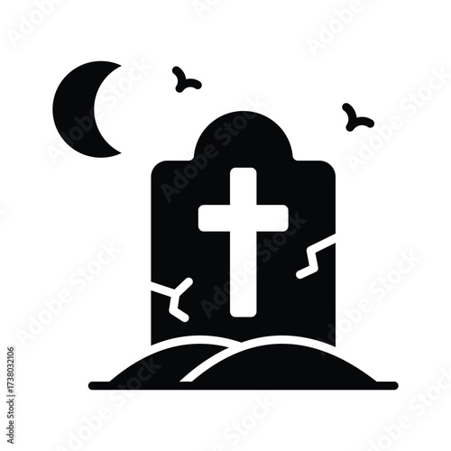 Creepy gravestone with cross and moon, perfect Halloween spooky design