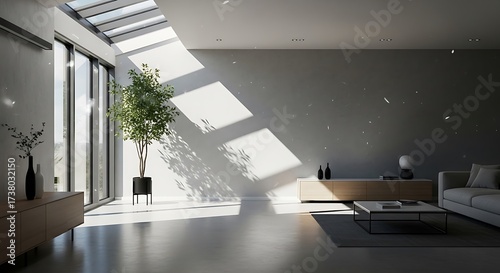 Minimalist interior bathed in natural light with skylight accentuation