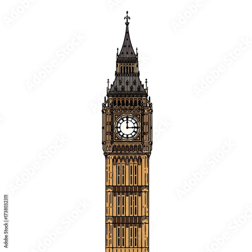 Detailed vector illustration of the iconic London clock tower, a symbol of British heritage and architecture