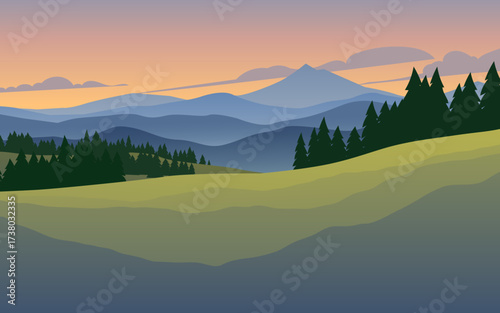 Countryside sunset scenery with mountains