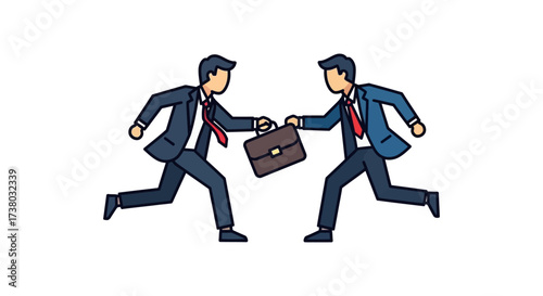 Businessmen exchanging briefcase symbolizing corporate espionage ideal for illustrating industrial secrets isolated on white background enhancing marketing materials.