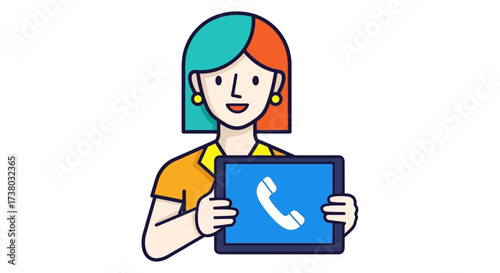 Customer support operator holding a tablet displaying phone icon for call center services in a modern business perfect for online assistance needs.