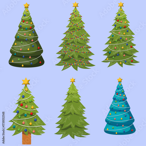 Festive Decorated Christmas Trees with Ornaments and Lights Collection