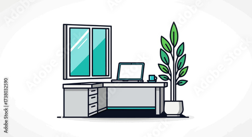 Modern office workspace with laptop and plant by window representing remote work perfect for articles on productivity and work-life balance design