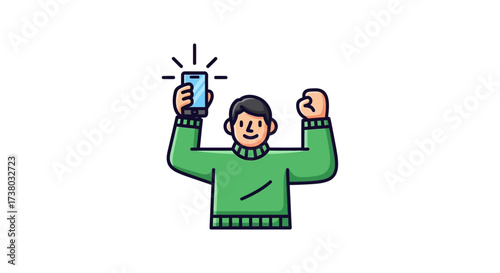 person celebrating success with phone a cartoon illustration perfect for tech blog posts or social media shoutouts showing achievement and joy