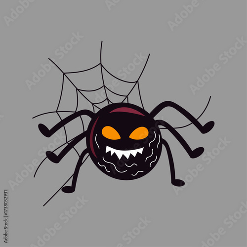 Spooky Halloween Spider Illustration with Web on a Gray Background for Holiday Fun