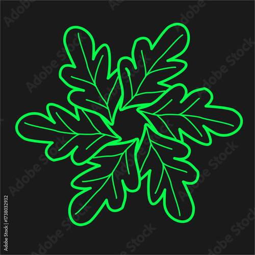 Five glowing green leaves unite in a radiant circular pattern, symbolizing strength, balance, connection, and the infinite harmony of nature.