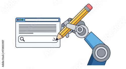 ai writing assistant filling search bar robotic arm holding pencil writing in browser search concept of automation ai and technology ai content creation