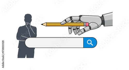 Ai writing assistant helping with search queries brainstorming ideas with a pencil generating content for search engine optimization  strategy.