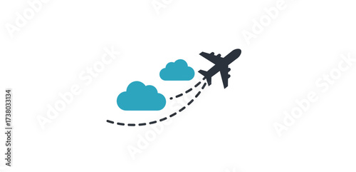 Airplane flying through clouds symbolizing travel and tourism perfect for illustrating adventure escape and wanderlust suitable for vacation blogs.