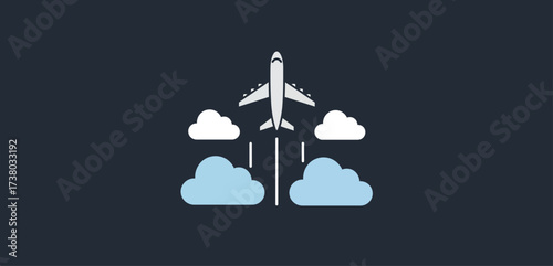 airplane taking off with vapor trails through fluffy clouds symbolizing travel and freedom for tourism websites and aviation industry marketing.