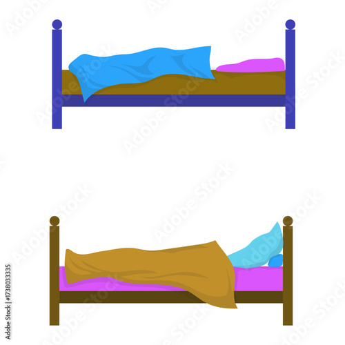 Two Bunk Beds Shown From The Side With Blue And Purple Bedding