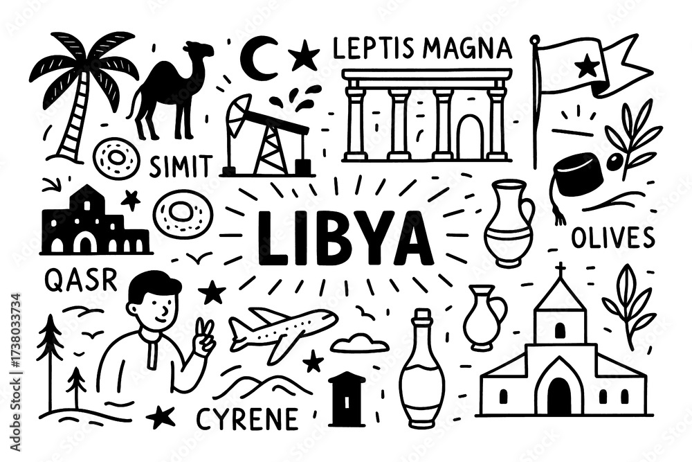 Fototapeta premium Libya culture doodle icons with landmarks, food, olives, desert life and traditional lifestyle, Transparent Background