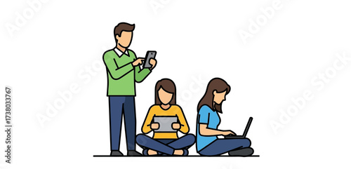 group using gadgets man with phone woman with tablet girl with laptop connecting  collaborating ideal for tech blogs  webinars