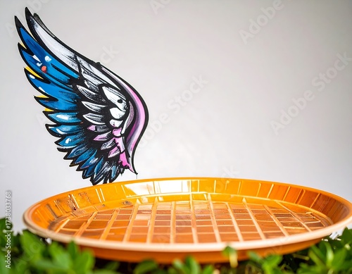 Orange tray with a painted wing