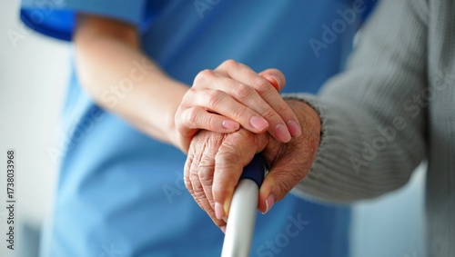 Photos Caring hands of a medical professional gently guide and support an elderly perso