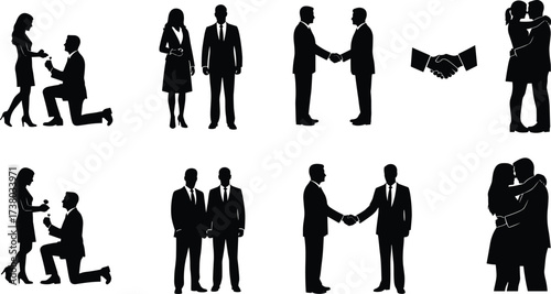 Romantic couple proposal, business handshake silhouette, love relationship vector, engagement illustration, wedding icon, partnership symbol, teamwork unity, romance design, illustration