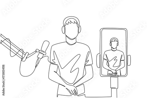 Single continuous line drawing a man using headphones and mic doing live streaming with a smartphone. Live broadcast to greet fans. Podcast. National Streaming Day. One line design vector illustration