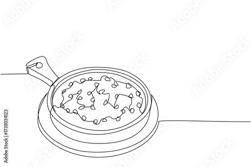 Single one line drawing quiche lorraine with a sprinkling of celery leaves on a round wooden cutting board. A savory pie. National Quiche Lorraine Day. Continuous line design graphic illustration