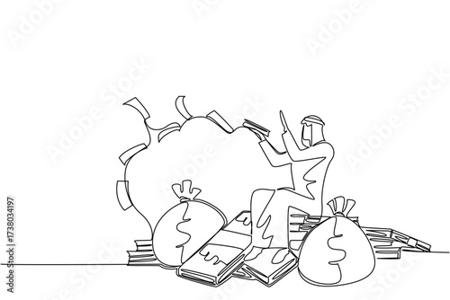 Single continuous line drawing an Arabian man sits on a pile of banknotes and throws banknotes. Smart work pays off. Maximum profit. Wealthy. Be a Millionaire Day. One line design vector illustration