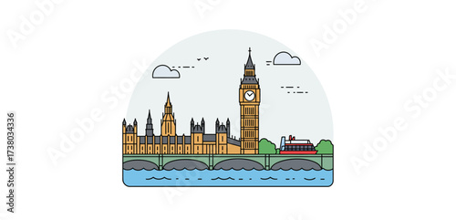 london skyline illustration featuring big ben and the houses of parliament a vibrant depiction of historic cityscape for travel blogs and cultural sites.