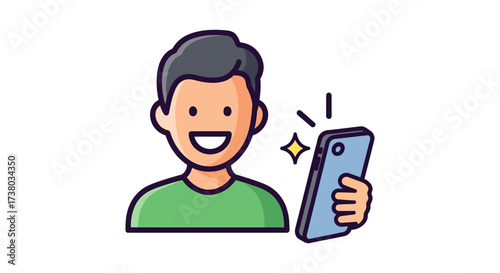 Man taking a selfie with a smartphone smiling broadly capturing a happy moment perfect for social media content showcasing positivity.