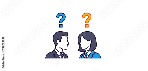 Man and woman looking at each other with question marks above symbolizing uncertainty in business communication and seeking solutions together