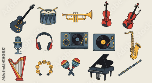 A vibrant collection of musical instruments and audio equipment.