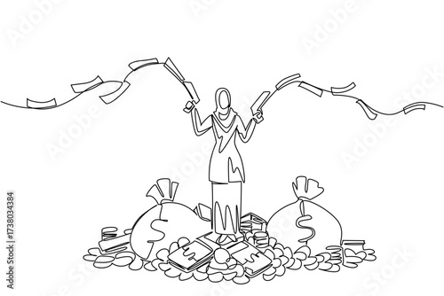 Continuous one line drawing Arab woman stands on pile of money holds gun that shoots out banknotes in both hands. Unlimited balance. Be a Millionaire Day. Single line draw design vector illustration