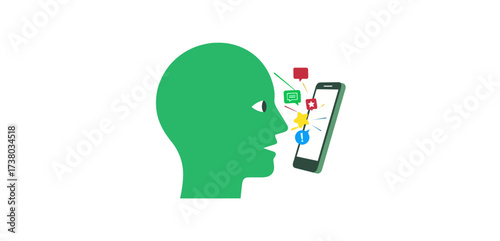 mobile phone addiction green silhouette of a person engrossed in a smartphone with social media notifications symbolizing digital dependency.