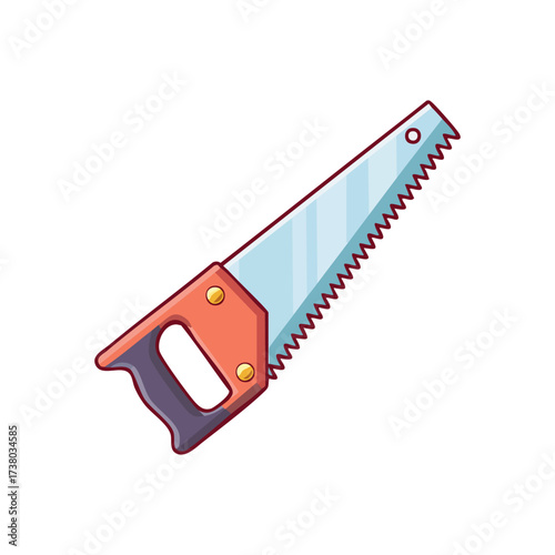 Cartoon illustration of a hand saw with a wooden handle and a metal blade, isolated on white.