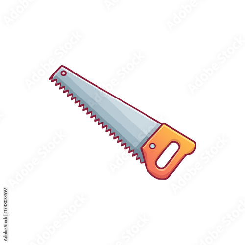 Illustration of a hand saw with a silver blade and orange handle, angled on a white background.