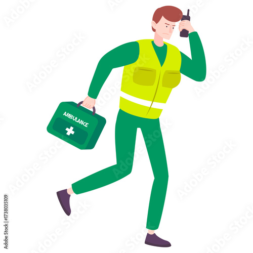 Ambulance Worker in Green Uniform Holding First Aid Kit and Radio Communicator