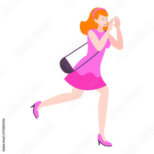 Excited woman in pink dress running with a purse, isolated on white background