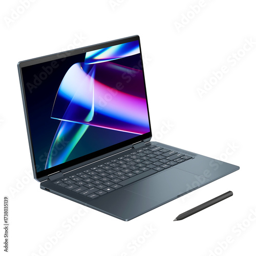 Modern Laptop Aluminum Body Material Black Blue Color Left Side View, Isolated on Transparent Background. 