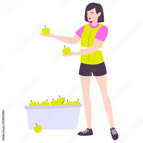 Illustration of a woman with a vest and shorts holding apples near a container of apples