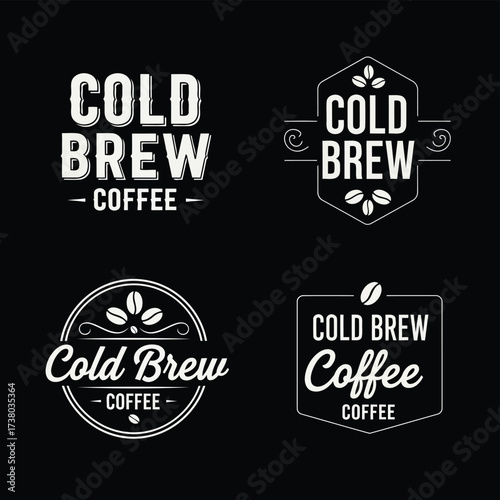 Vector art of collection of cold brew coffee logos featuring various vintage designs with typography and coffee bean elements on a, perfect for branding