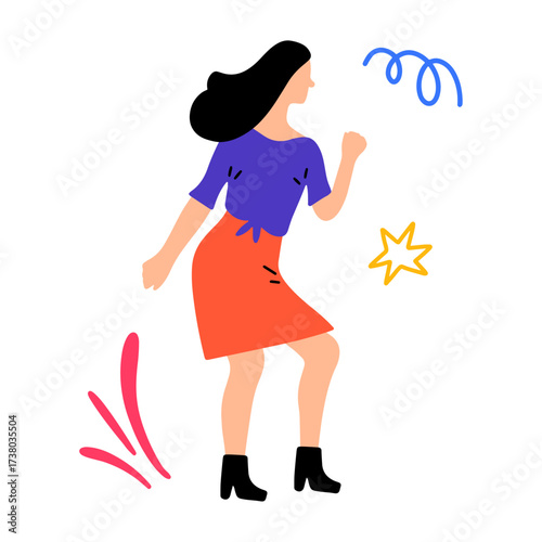 Illustration of a woman dancing with confetti and stars, celebrating a special occasion