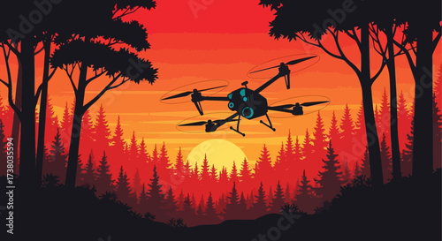 Advanced Drone Flying Over Forest at Sunset.