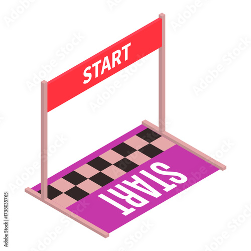 Starting line of a race, competition, or event with a checkered finish and a banner