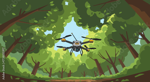 Advanced Drone Technology Flying Through Lush Green Forest Canopy.