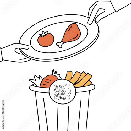 Don't Waste Food - Cartoon Illustration with Plate and Trash Can