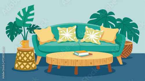 A lounge area with a rattan sofa adorned with tropical print cushions and a coffee table made from a tree stump.