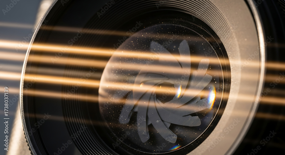Obraz premium Camera lens with light streaks and reflection of internal fan blades