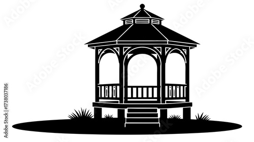 Black silhouette of a classic gazebo in a landscaped garden  